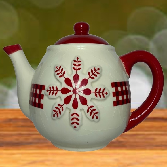 Teapot Folk Art Winter Gingham Buffalo Check Plaid Christmas Retired Red White - Picture 2 of 13
